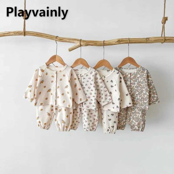 Pyjamas coréen style printemps automne bébé fille mignon imprimement o-cou odet long top + pantalon nourrisson à la maison porte nightgown h240507