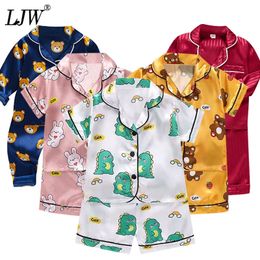 Pyjama LJW Kinderset Jongens en Meisjes Ijs Zijde Satijn Top Broek Baby Katoen Dinosaurus Homewear 230609