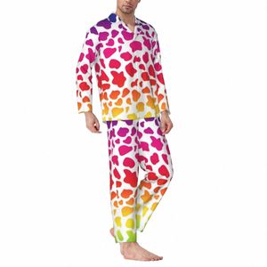 Pyjama Heren Regenboog Koe Vrije tijd Nachtkleding Leuk Dierenprint 2 Stuks Vintage Pyjama Sets Lg-Sleeve Fi Oversized Thuispak X5JY #