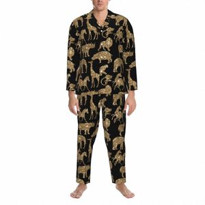 pyjamas homme animal chambre somnifères dorées paillettes imprimées 2 pièces pyjamas lâches décontractés set lg manche douce surdimensionnée à la maison i4m1 #