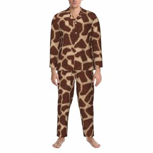 Pyjamas Hommes Girafe Imprimer Chambre Vêtements de nuit Marron Animal 2 pièces Casual Pyjamas lâches Ensemble Lg Manches Mignon Surdimensionné Accueil Costume z6Me #