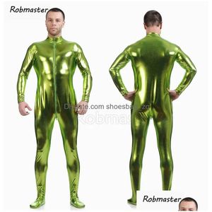 Pajamas Men Men de latex Black Black Cloues métalliques brillantes Gol