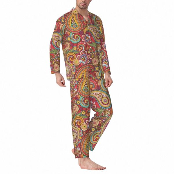 Pyjamas hommes rétro Paisley sommeil vêtements de nuit Trippy Hippy 2 pièces rétro pyjama ensemble Lg manches confortable surdimensionné maison costume L82s #