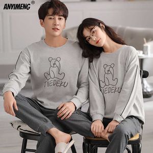 Pyjama Mens en Womens Matching Nachtkleding Katoen Lange Mouwen Broek Pullover Cartoon Afdrukken zijn haar Pijamas Nachtkleding 210918