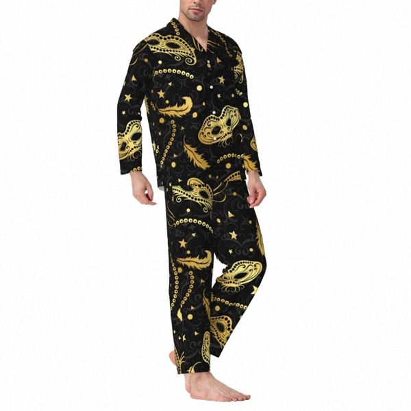 Pyjamas Hommes Mascarade Pop Art Quotidien Vêtements De Nuit Masques Élégants 2 Pièces Vintage Pyjama Ensemble Lg Manches Belle Surdimensionné Costume À La Maison Z2uS #