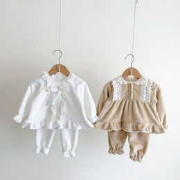 Pyjamas MILANCEL bébé flanelle pyjama ensemble dentelle nœud bébé filles vêtements de nuit épais maison porter 2 pièces ensemble 230511