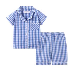 Pyjamas Mudkingdom Summer Boys Pyjamas Set Collared Plaid Korte mouw en shorts Jammies passen grote meisjes slaapkleding PJS Kinderkleding 230227