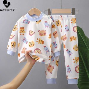 Pyjamas Nouveau 2023 Childrens garçons et filles Carton de pyjamas T-shirt mignon à manches longues avec pantalon bébé automne ensemble d240515