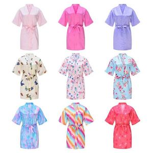 Pyjamas Nouveau solide fille teinte de robe de soie fleur fille fille kimono robe de mariée robe courte salle de bain pyjamas enfant pyjamas + ceinture robe de soirée chaude