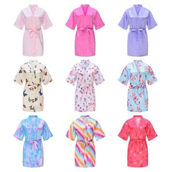Pijama nueva niña sólida túnica de seda teñida niña de flores de kimono vestido de novia de baño de baño corta pijama para niños+vestido de noche de cinturón vendido caliente2405