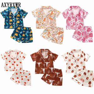 Pyjamas Pyjama's 2023 Fashion Childrens Summer Pyjama Set Silk Satin Heart/Flower/Cow Patroon Baby Set Pyjamas Boys Casual Wear Childrens Pyjamas WX5.21