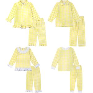 Pyjama's Pyjama's 95% katoen, tweedelige lange set voor jongens en meisjes, citroenfranje, geruite kinderkleding, paaspyjama's 230222