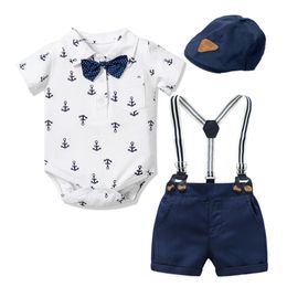 Pyjamas Pakaian Anak Laki Laki Baru Lahir Setelan Gambar Jangkar Topi Pita Pendek Pesta Bayi Gaun Ulang Tahun 3 6 9 12 18 24 Bulan 230516