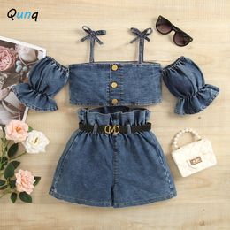 Pyjama Qunq 2023 Zomer Meisjes Jarretel Lantaarn Mouw Denim Top Hoge Taille Shorts 2 Stuks Set Casual Kinderkleding Leeftijd 3 T 8T 230628