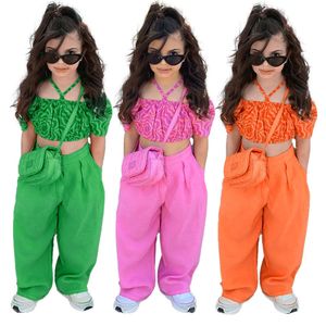 Pyjama Qunq Summer Girls Hang a Neck Off épaule plissé manches bouffantes Top pantalon droit 2 pièces ensemble Casual enfants Clouthes Âge 3 T 8T 230628