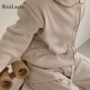 Pyjama's Rinilucia Herfst Fashion Boys Girls Button Down Pyjama's Kinderen Kledingsets Kinderen Rapel Katoen Solid Homewear 230222
