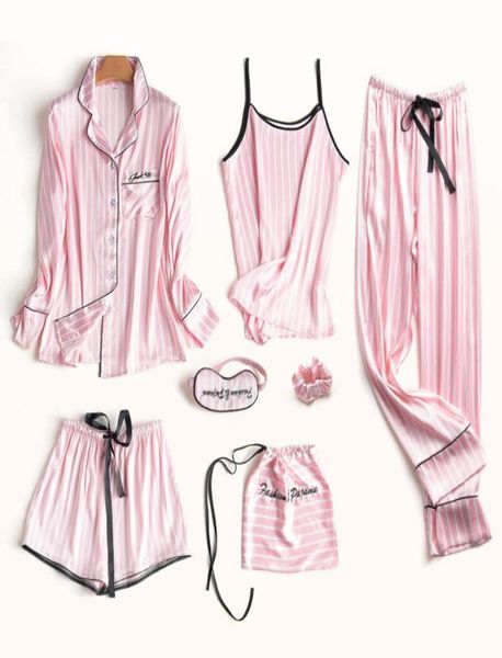 Conjunto de pijamas de seda para mujer, pijamas sexys de flores de verano, camisa de manga larga para mujer, pantalones, lencería de punto hecha a mano, ropa de dormir a rayas L8475781