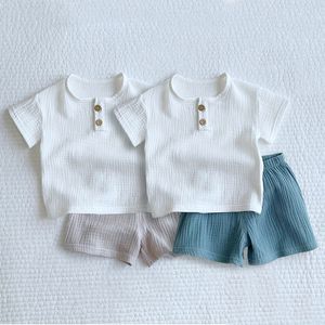 Pyjama Setelan Baju Bayi Musim Panas Atasan Celana Pendek Lengan Solid untuk Anak Laki laki dan Perempuan 230516