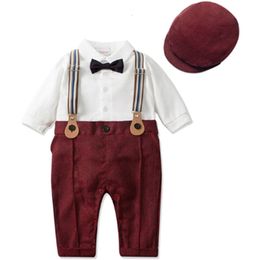 Pijamas Setelan Bayi Laki laki Pria Formal Ulang Tahun Pertama Pakaian Baru Lahir Mono Satu Potong Baret Dasi Kupu kupu Suspender Balita 230516
