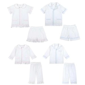 Pyjama's lente en zomer kinderpyjama set babymeisjes jongens thuis kleding broers en zussen set witte seersucker zachte kinderen lange mouwen pyjama setl2405