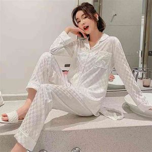 Pyjamas printemps/été vêtements de nuit automne glace soie à manches longues pantalon costume vêtements de nuit pour femmes blanc plaid pyjamas ensemble 210830