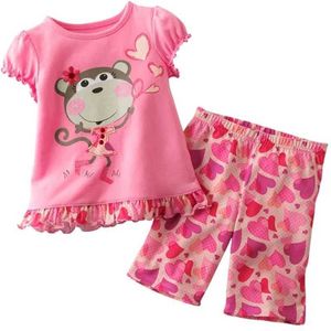 Pyjama's zomermeisje kleding set roze apen set kindershirt en broek 2-delige set baby pyjama t-shirt top broek broek katoen d240515