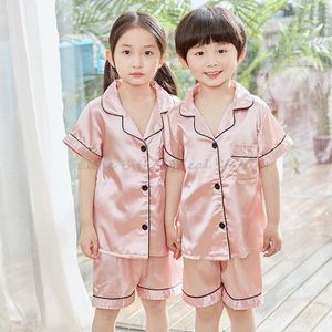 Pyjamas D'été À Manches Courtes Rose Satin Soie Pyjama Ensembles Tout-Petits Filles Vêtements Vêtements De Nuit Enfants Fille Pijama pour 214 Ans 230601