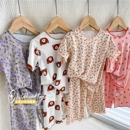 Pyjamas d'été pour femmes robe glace fleur de soie haut de gamme de la ligne pantalon de coupe à manches courtes pour enfants 2 pièces 1-9y D240515