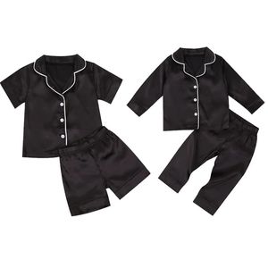 Pijamas para niños pequeños, bebé, satén negro, pantalones cortos de manga larga, ropa de dormir, conjunto de dos piezas con botones informales, ropa para el hogar 231127