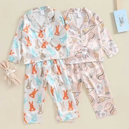 Pyjamas Toddler Baby Girl Boy Easter Pyjamas Bunny Print PJS Sets Sets Up T -shirt + Pyjamabroek Sets Kinderen slaapkleding H240508
