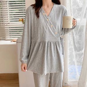 Pijamas con cuello en V Gris Algodón Maternidad Ropa de dormir Conjuntos Primavera Otoño Sueltos Pijamas de lactancia Trajes para mujeres embarazadas Inicio Wearzln231208