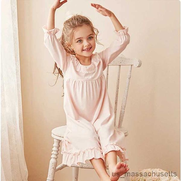 Pyjamas Vintage vêtements de nuit pour enfants fille robe Lolita col rond princesse pyjama chemise de nuit mignon coton enfant en bas âge enfant volants chemises de nuit 11T R231108