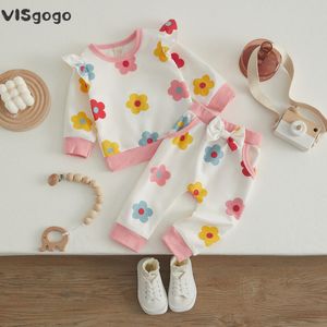 Pyjama's Visgogo 2 -stuk babymeisje Fall Outfits Bloemprint RUFBE RUFFEN Lange mouw T -shirt Casual broek Set voor peuters 024 maanden 230327