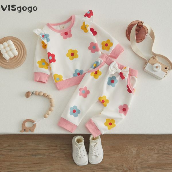 Pyjama VISgogo 2 pièces bébé fille tenues d'automne fleur imprimé à volants T-shirt à manches longues pantalon décontracté ensemble pour les tout-petits 024 mois 230327