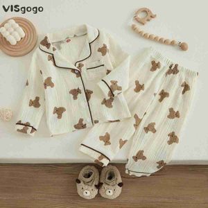 Pyjamas Visgogo Childrens Unisex katoen linnen pyjama set beer print lange mouw voor zak flip kraag bovenbroek veer casual set wx5.21