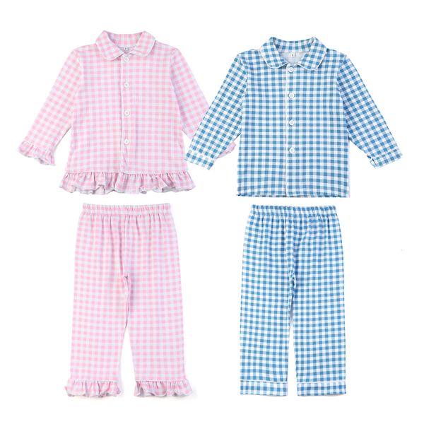 Pijamas Venta al por mayor Conjuntos de pijamas de Pascua para niños 95% algodón Boutique Ropa para el hogar Gingham Niños y niñas Ropa de dormir 230310