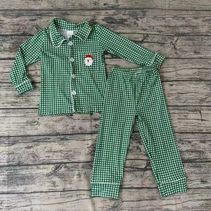 Pyjama Groothandel Nachtkleding Kerstpyjama voor baby's Kerstman Shirt Groene geruite broek Set Baby Kids Boutique Kinderoutfit 231122