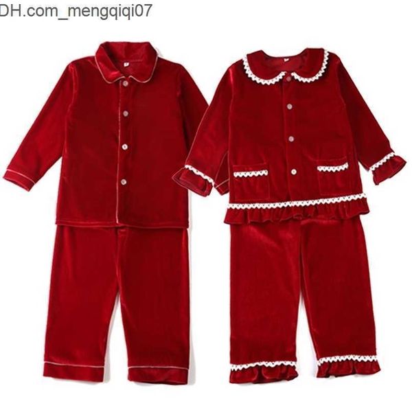 Pyjamas Hiver Boutique Velours Tissu Rouge Enfants Vêtements Pjs Avec Dentelle Toddler Garçons Ensemble Pyjamas Fille Bébé Vêtements De Nuit 220110 Z230701