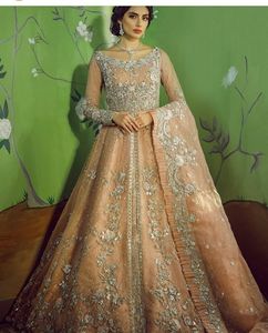 Robes de mariée de luxe indiennes pakistanaises Une ligne longueur de plancher Champagne robes de mariée perles dentelle appliques encolure dégagée femmes vêtements de cérémonie