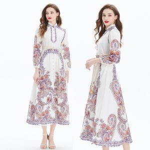 Palace Rétro Manches Lanterne Imprimé Maxi Robe Ceinture Élégant Designer Femmes Bouton Cardigan Chemises Robes Col Montant Dames Casual Cocktail Vêtements De Fête