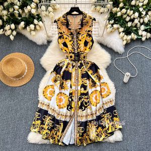 Paleisstijl Gedrukte jurk voor vrouwen in de zomer mouwloze taille sluiting afslankontwerp Sense niche light luxe temperament lange jurk