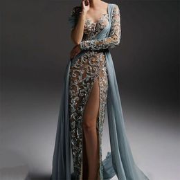 Bleke stoffig blauw hoge split zeemeermin avondjurken jurken 2022 kralen luxe elegant voor vrouw feest prom jurk