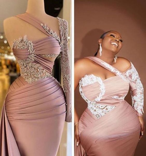 Robe de bal sirène arabe rose pâle, manches longues, dentelle perlée, grande taille, robe de soirée africaine Aso Ebi