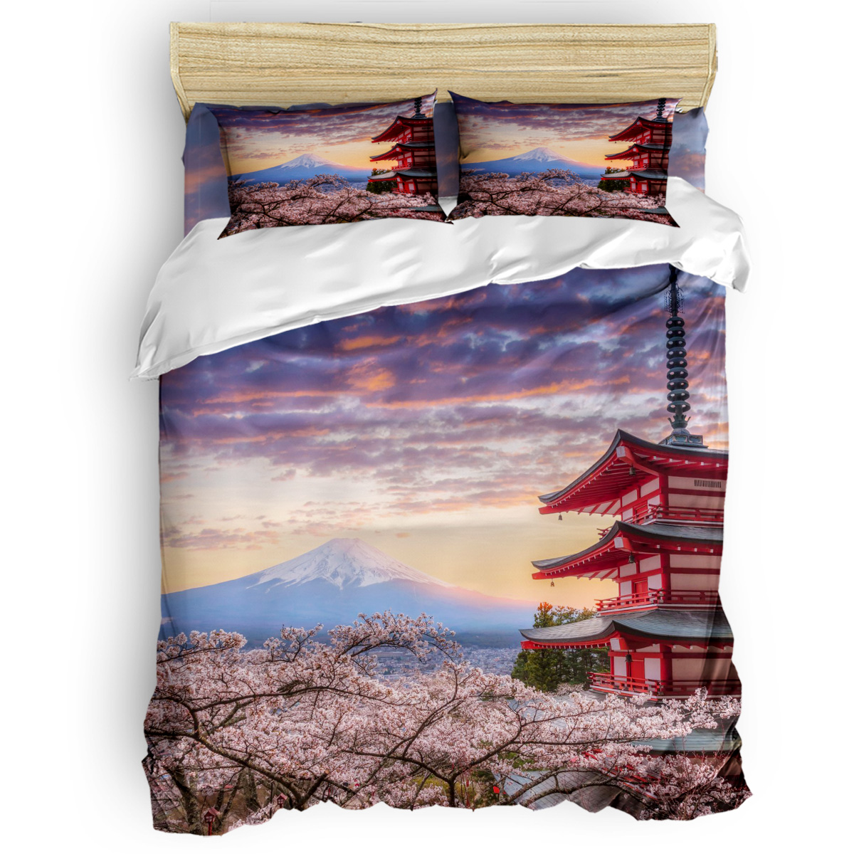 Soluk pembe yorgan kapak seti, kiraz çiçekleri ile sakura şubesi ihale Japon baharı, dekoratif 3 parçalı yatak seti, kral boyutu