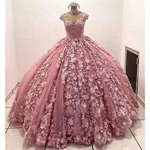 Lichtroze hoge nek quinceanera jurken cap mouw kanten bloem Mexicaanse 3d bloemen zoet 15 jurken gezwollen rok vestidos 16 anos
