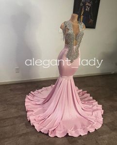 Robes de cérémonie de bal sirène longue rose pâle scintillantes pour fille noire 2024 robe de soirée d'anniversaire avec pompon en diamant scintillant