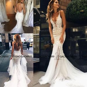 Pallas Couture 2019 Dentelle Floral Long Train Sirène Plage Robes De Mariée Sur Mesure Faire Col En V Pleine Longueur Queue De Poisson Mariage De Mariée Go217U