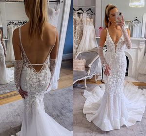 Pallas Couture Beach Mermaid Trouwjurken met lange mouw bloemen kant sexy backless v-neck bruidsjurk zomervakantie Abito sposa curvy