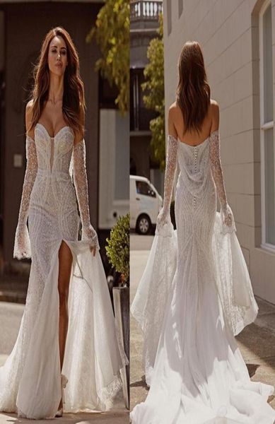 Pallas Couture Vestidos de novia Cariño Manga larga Cuentas de encaje Lentejuelas Vestidos de novia Sexy Sin respaldo Tren de barrido Sirena Boda D2530068