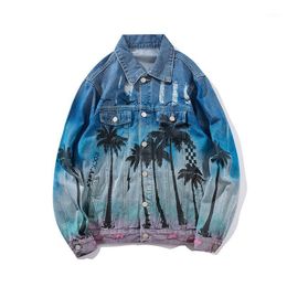 Palm Coconut Tree Printing 2020 Hot Denim Bomber Jacket Heren Jeans Jas High Street Losse Hip Hop Hole Jaqueta Masculina1